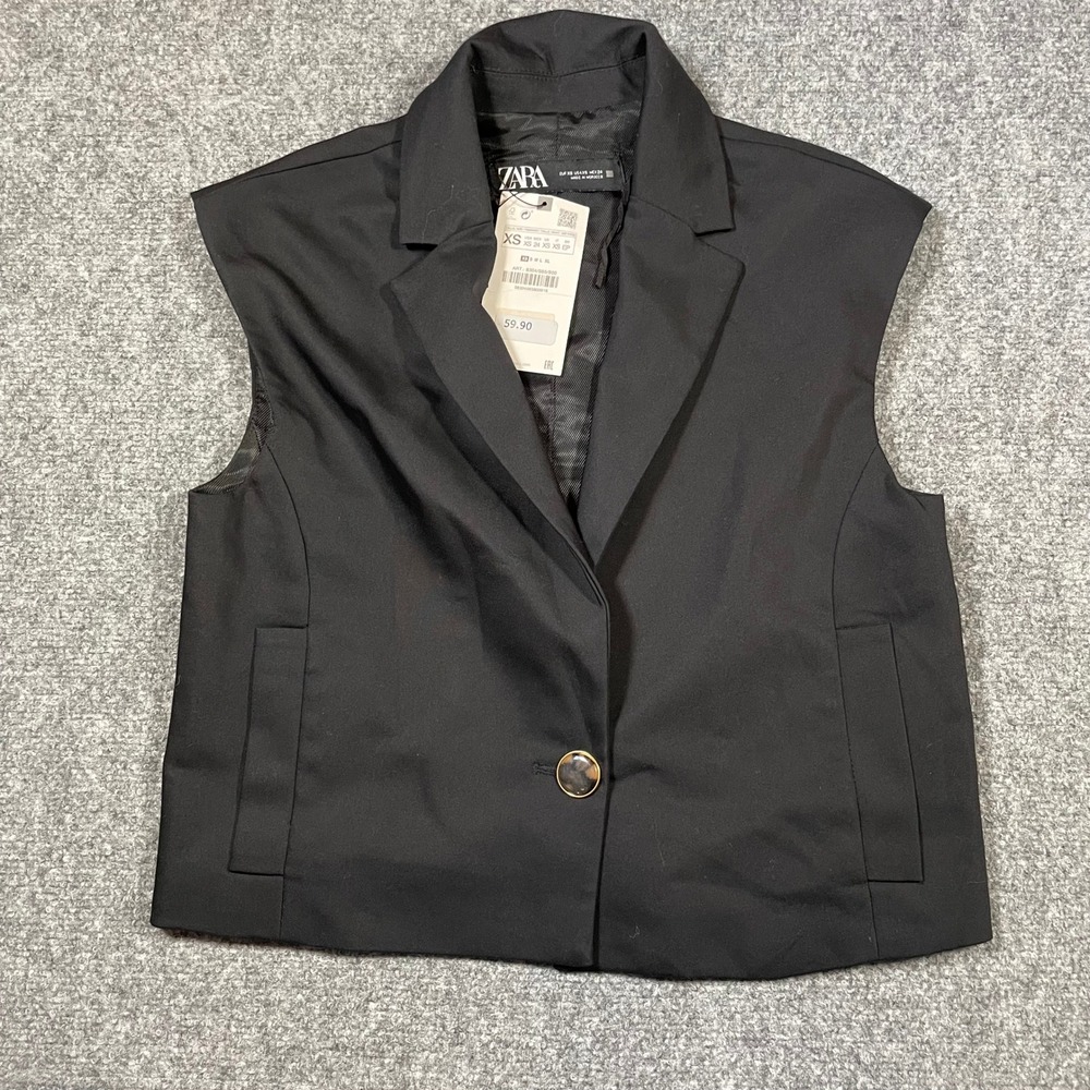 Zara Sleeveless Blazer Vest Women XS Black Single Button Notched Lapel 8304/665